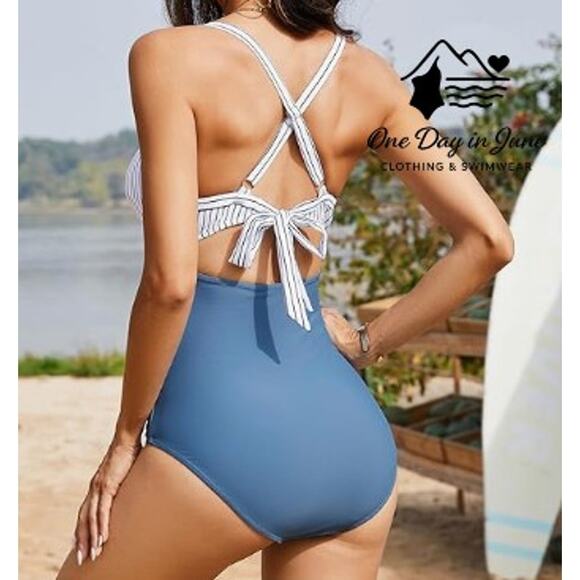 Eomenie Cross Front Tie Back Cut Out One Piece Swimsuit Size M - Picture 2 of 7